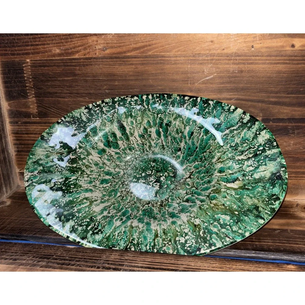Akcam Turkish Art Glass Green and Beige Splatter print Oval Bowl 11x7.5